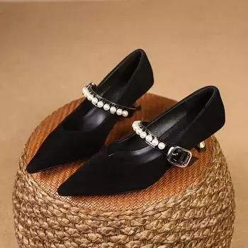 Женские модные туфли на тонком каблуке, осенние, новые, с заостренным носком, мелким горлом, металлической пряжкой в одну линию, низкие туфли 35 чёрный