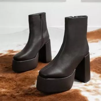 Женские модные туфли на высоком каблуке, осенние, новые, с круглым носком, на толстом каблуке, водонепроницаемые, на платформе, с боковой молнией, темпераментные, до середины голени 36 чёрный