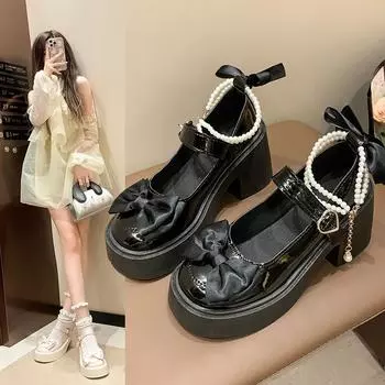 Женские модные туфли на высоком каблуке, осенние, новые, с круглым носком, с неглубоким горлом, с толстой подошвой, с жемчужным бантом, темпераментные одинарные туфли 35 чёрный