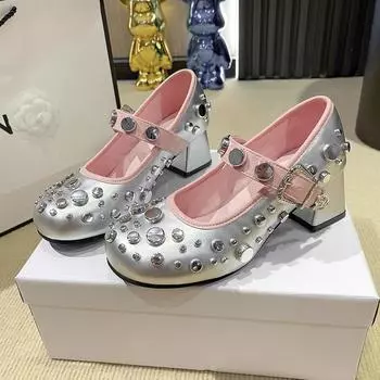 Женские модные туфли на высоком каблуке с круглым носком и неглубокой горловиной, инкрустированные металлом, дышащие, с пряжкой 37 серебряный