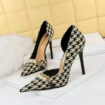 Женские модные туфли на высоком каблуке с металлической цепочкой и жемчугом в клетку «Тысяча птиц» и с открытым носком и сбоку 34 чёрный