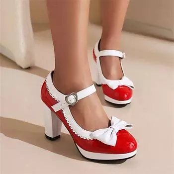 Женские модные туфли принцессы Лолиты на высоком каблуке 7 см с милым бантом, туфли-лодочки горничной Мэри Джейн на платформе с ремешком на щиколотке 34 коричневый