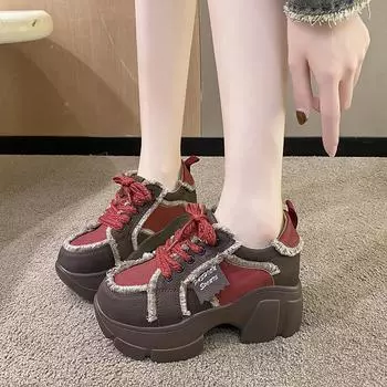Женские модные туфли с круглым носком на шнуровке и толстой подошве в спортивном стиле, повседневные туфли 35 красный