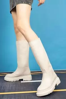 Женские модные удобные кожаные ботинки ниже колена на толстой подошве