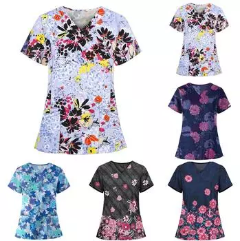 Женские модные удобные топы для ухода с короткими рукавами и карманами с v-образным вырезом и принтом L