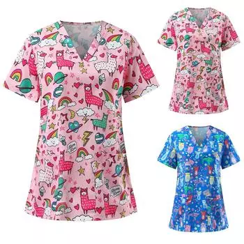 Женские модные удобные топы с карманами и v-образным вырезом с короткими рукавами и мультяшным принтом M розовый