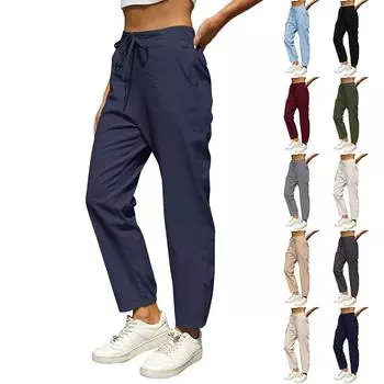 Женские модные универсальные брюки с эластичным поясом и завязками на талии, однотонные, с карманами, повседневные, рабочие, узкие брюки L армия зеленый