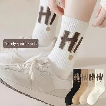 Женские модные универсальные носки средней длины с буквенным узором из хлопка, осенние, дышащие, впитывающие пот носки цвета Майяра one size чёрный