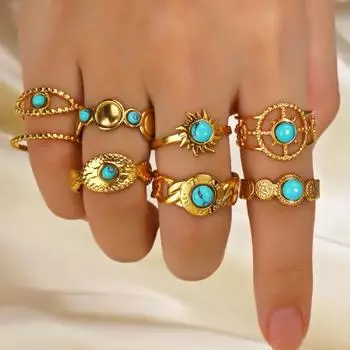 Женские модные ювелирные изделия, аксессуары, золотого цвета, ретро, титановое стальное кольцо, натуральное бирюзовое кольцо из нержавеющей стали для невесты