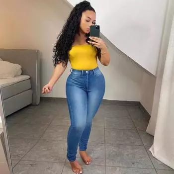 Женские модные узкие эластичные джинсовые брюки – европейский и американский стиль XL средний синий