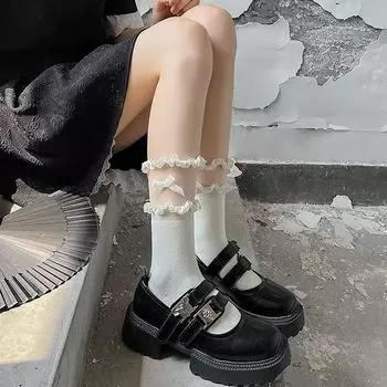 Женские модные весенне-осенние новые кружевные носки до икры с кружевным бантом 1 pair белый