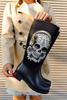 Женские модные водонепроницаемые дождевые сапоги с черепом и цветочным принтом