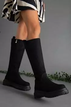 Женские модные замшевые черные замшевые ботинки без каблука на молнии