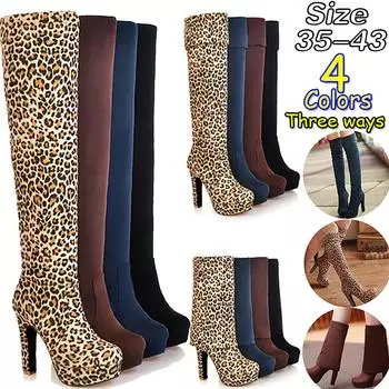 Женские модные замшевые сапоги с леопардовым принтом Сапоги до колена на очень высоком каблуке 36 чёрный