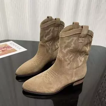 Женские модные замшевые туфли с острым носком и вышивкой, нескользящие, удобные, короткие, новые, осенние, на низком каблуке 35