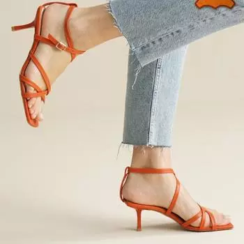 Женские модные женские сандалии из натуральной кожи оранжевого цвета на каблуке