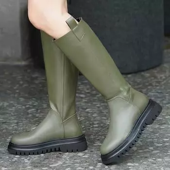 Женские модные женские сапоги зеленого цвета с меховой подкладкой на молнии сзади