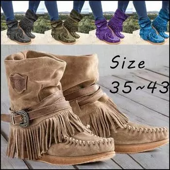 Женские модные зимние ботильоны с круглой головкой на плоской подошве и бахромой, женские замшевые ботильоны в стиле ретро с короткими трубками, зимние ботильоны с толстыми кисточками, большие размеры 35-43 43 чёрный