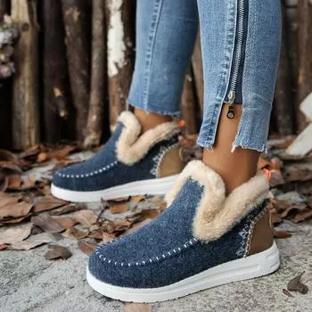 Женские модные зимние ботинки с плюшевой подкладкой, однотонные, с круглым носком, без застежек, короткие ботинки на плоской подошве, зимние, теплые, для отдыха на открытом воздухе 36 темно-синий