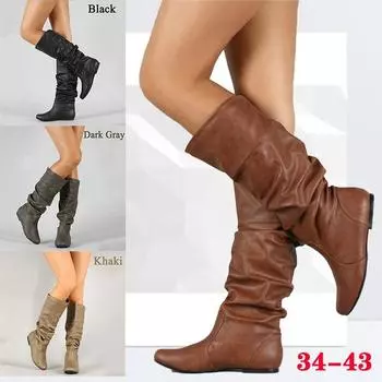 Женские модные зимние длинные сапоги на плоском каблуке, повседневные сапоги до колена из искусственной кожи с острым носком, женские уличные нескользящие ботинки, большие размеры 34-43 35 чёрный