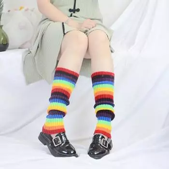 Женские модные зимние теплые вязаные полосатые радужные носки с рукавами в японском стиле, свободные носки до середины голени, эластичные гетры