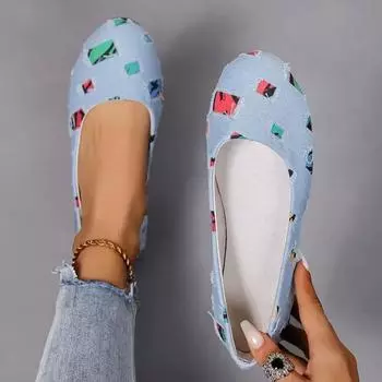 Женские мокасины 2024 года, новые разноцветные лоскутные джинсовые дышащие туфли, балетки, мокасины, повседневные туфли с круглым носком без застежки 36 бежевый