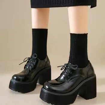 Женские мокасины 2024 года, повседневные туфли на высоком толстом каблуке, универсальные туфли в римском стиле со шнуровкой и круглым носком, осенние черные туфли Мэри Джейн 34