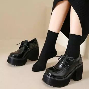 Женские мокасины 2024 года, повседневные туфли на высоком толстом каблуке, универсальные туфли в римском стиле со шнуровкой и круглым носком, осенние черные туфли Мэри Джейн 34