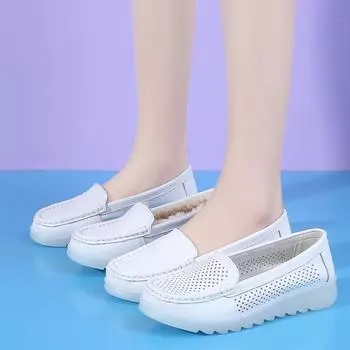 Женские мокасины Белые кожаные туфли для вождения Удобные туфли на плоской подошве Повседневные туфли для медсестер Прогулочная обувь для беременных Тапочки EU:38