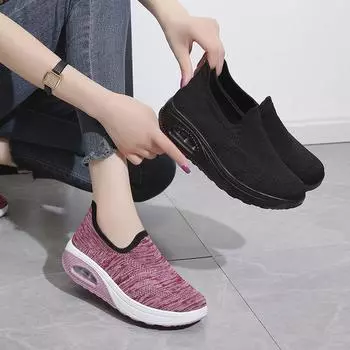 Женские мокасины без застежек, сетчатые прогулочные туфли, женские розовые кроссовки на платформе с воздушной подушкой, ортопедический трикотаж, спортивная повседневная обувь EU: 36 чёрный