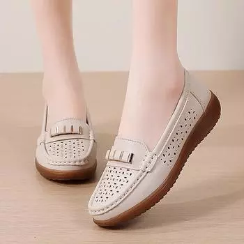 Женские мокасины Hollow Loafers из мягкой кожи, летние повседневные бежевые мокасины для ходьбы для мамы EU: 36 слоновая кость