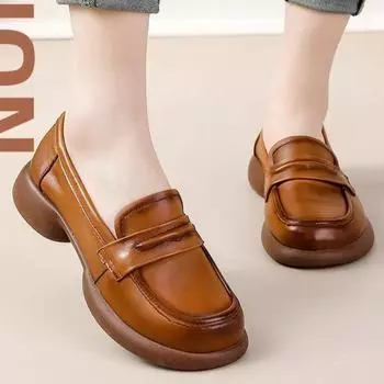 Женские мокасины из натуральной кожи, модные толстые каблуки, студенческие туфли, женские британские туфли-оксфорды, обувь 35 коричневый