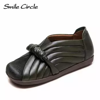 Женские мокасины из натуральной кожи с круглым носком, без застежек, модная повседневная обувь в стиле ретро 35 зелёный