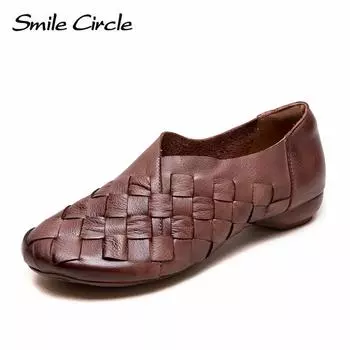 Женские мокасины из натуральной кожи с круглым носком, без застежек, модная удобная повседневная обувь 35 коричневый
