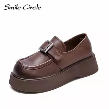 Женские мокасины из натуральной кожи с круглым носком, на толстой подошве, удобные повседневные туфли на плоской подошве 35 коричневый