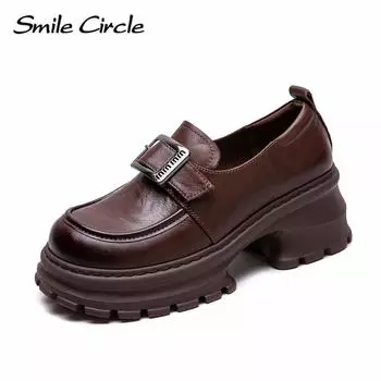 Женские мокасины из натуральной кожи с круглым носком и толстой подошвой, модные повседневные туфли на плоской подошве 35 коричневый
