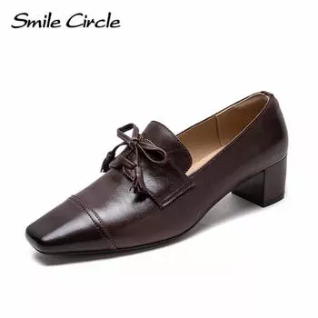 Женские мокасины из натуральной кожи с квадратным носком и каблуком-липучкой. Удобная повседневная женская обувь. 35 коричневый