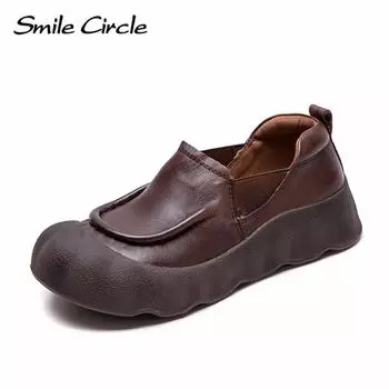 Женские мокасины из натуральной кожи с круглым носком и толстой подошвой, модные повседневные туфли на плоской подошве 35 коричневый