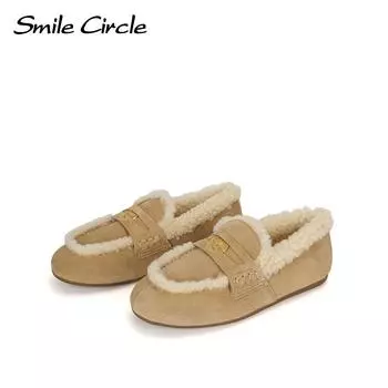 Женские мокасины из натуральной кожи, шерстяные теплые туфли на плоской подошве, модная удобная повседневная обувь 35 бежевый