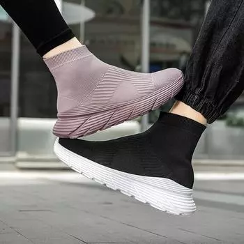 Женские мокасины, лоферы, высокие повседневные туфли для ходьбы, летние мужские туфли-слипоны, легкие носки, обувь для мам, большой размер 36-45 EU: 36 чёрный