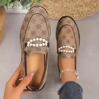 Женские мокасины Lucyever Brand Design с цветочным узором, мягкая подошва, плоская обувь, жемчужная цепочка, низкий каблук, офисная обувь для женщин, размер 43 36 коричневый