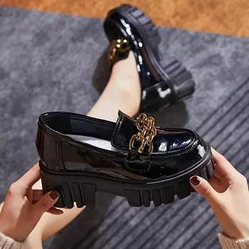 Женские мокасины Мэри Джейн во французском стиле: Летние туфли из кожи, увеличивающие рост, на среднем каблуке и толстой подошве 36 чёрный