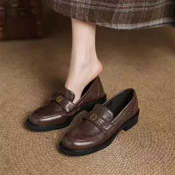 Женские мокасины Meotina с круглым носком на толстом среднем каблуке с металлическими украшениями, модная повседневная женская обувь весна-осень, коричневый, черный, 43 33 чёрный