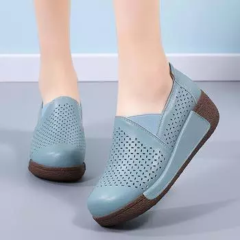 Женские мокасины на платформе, летние, дышащие, полые, элегантные, черные, коричневые, кожаные, женские, летние, увеличивающие рост, толстая подошва, Shake Shoes 35 чёрный