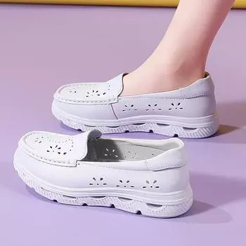 Женские мокасины на платформе, туфли для медсестер, женские летние туфли с открытыми плечами, повседневные белые кожаные туфли для мам EU:37