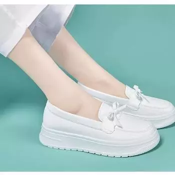 Женские мокасины на плоской подошве, женские белые кожаные рабочие туфли с мягкой подошвой, женские черные туфли-свитер, женские туфли на танкетке больших размеров на плоской подошве 35 белый