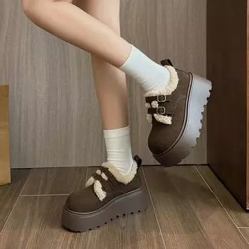 Женские мокасины на толстой подошве с круглым носком и мехом, повседневные кроссовки на плоской подошве, новые нарядные зимние однотонные сохраняющие тепло дышащие универсальные 35