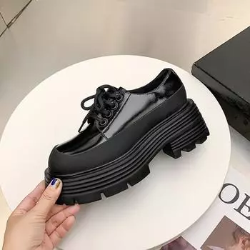 Женские мокасины на толстом каблуке, кожаные туфли на шнуровке, повседневные кожаные туфли на платформе 35 чёрный