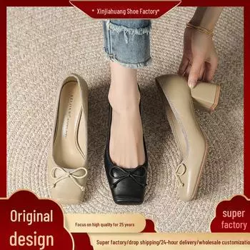 Женские мокасины на высоком каблуке с квадратным носком во французском стиле и бантом — коллекция осень 2023 г. 39 хаки
