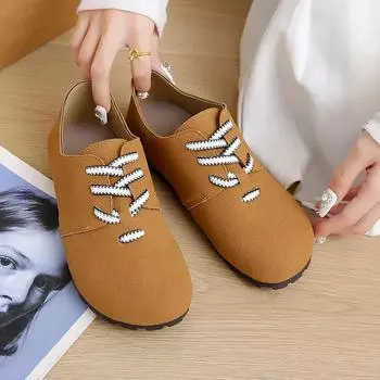 Женские мокасины с круглым носком на низком каблуке Осенняя обувь Слипоны в стиле ретро на шнуровке Противоскользящие балетки Осенняя обувь для активного отдыха Универсальная мода 35 хаки